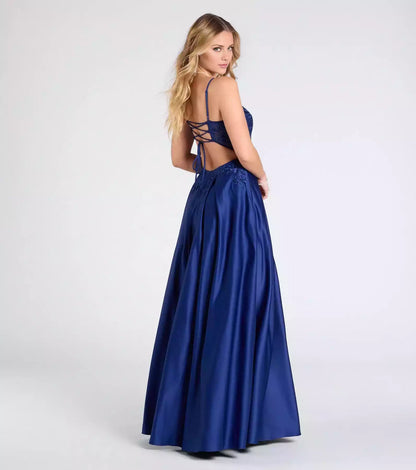 Gorgeous high-quality satin V-neck thin shoulder strap with lace up, hollowed out floral embroidery tight corset A-line and floor Prom Dresses