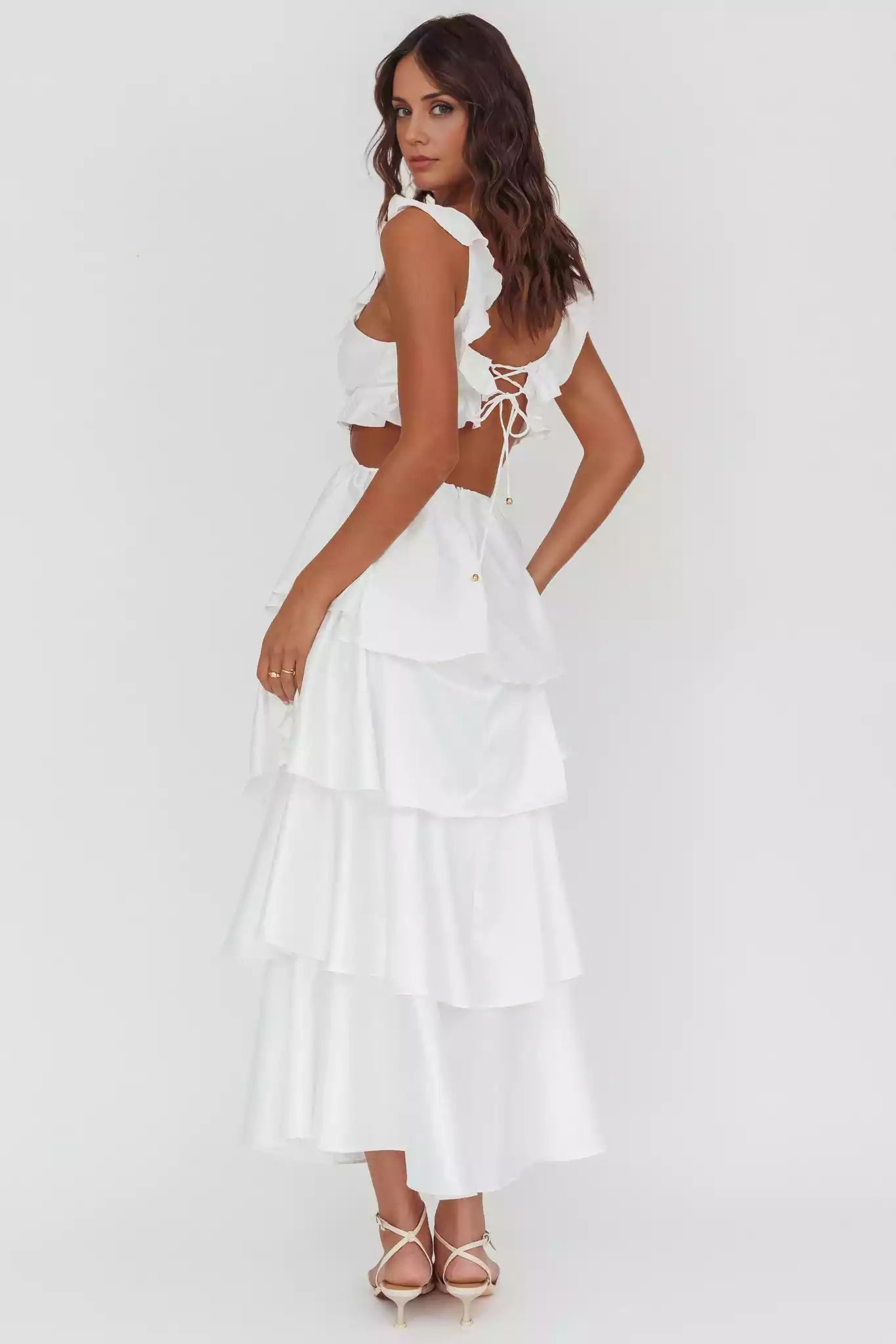 Gorgeous layered ruffle edge lining with hollow waist design and back strap Prom Dresses