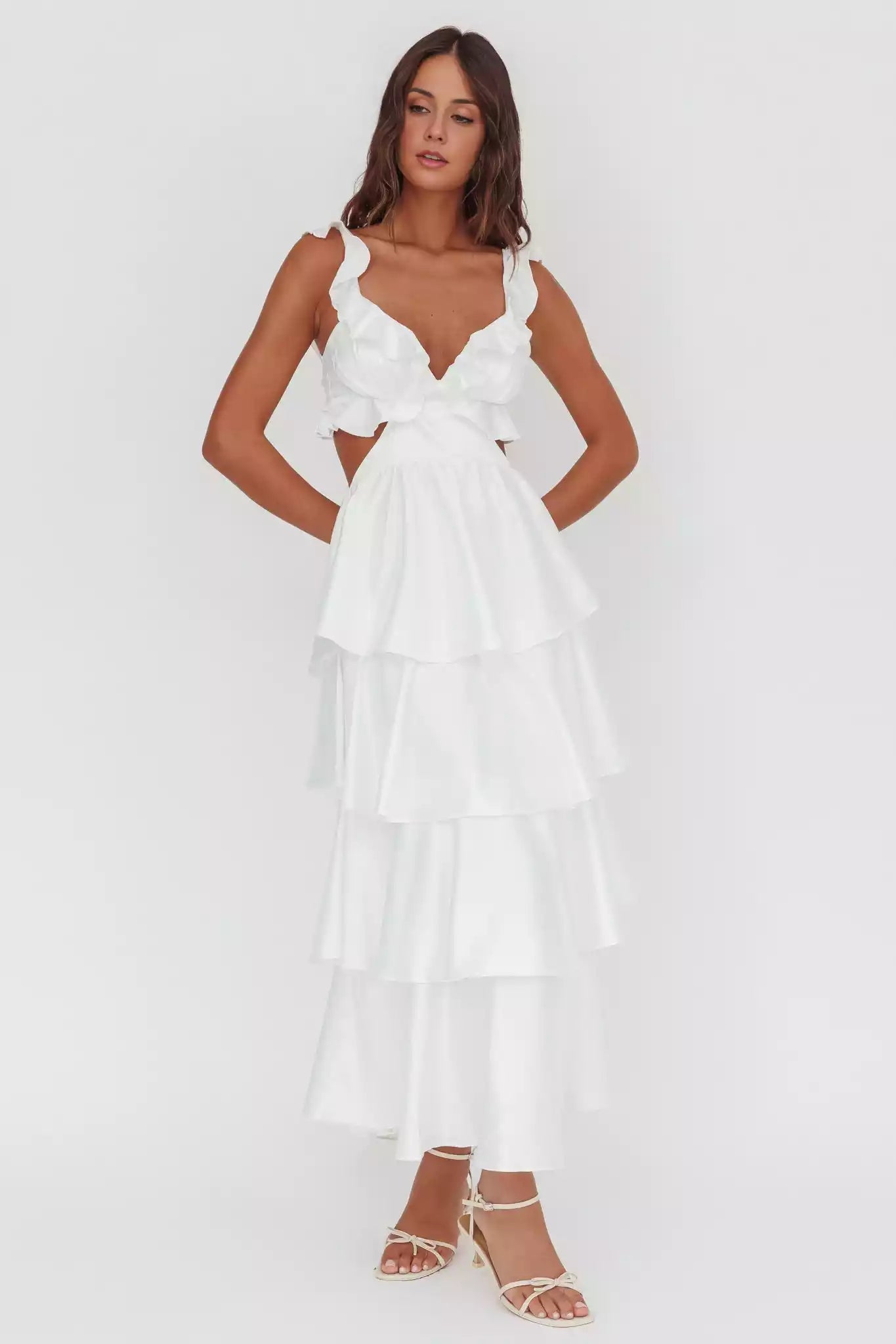 Gorgeous layered ruffle edge lining with hollow waist design and back strap Prom Dresses
