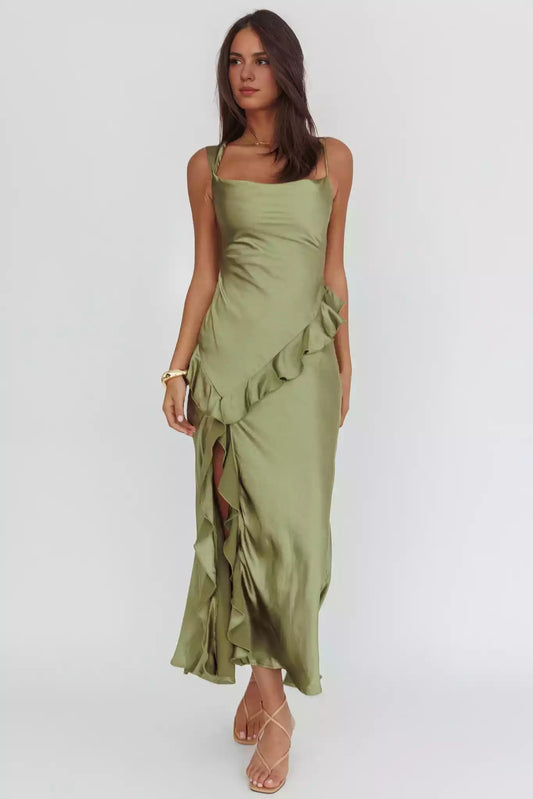 Gorgeous lining asymmetrical neckline ruffle edge side zipper Prom Dresses