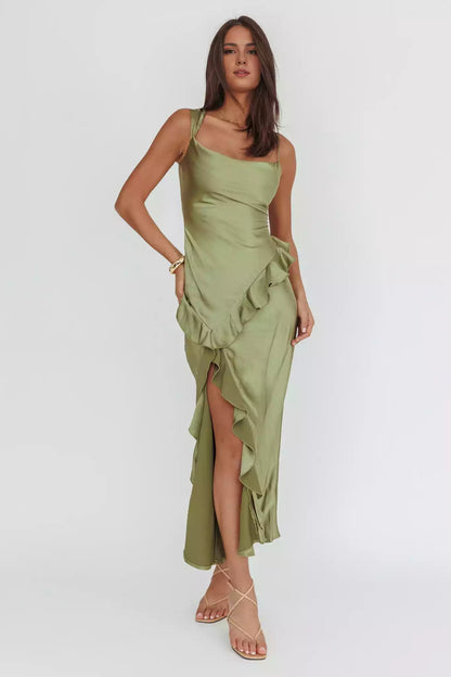 Gorgeous lining asymmetrical neckline ruffle edge side zipper Prom Dresses