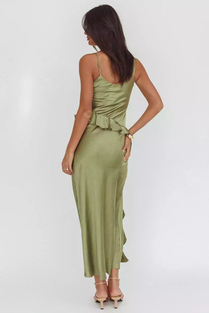 Gorgeous lining asymmetrical neckline ruffle edge side zipper Prom Dresses