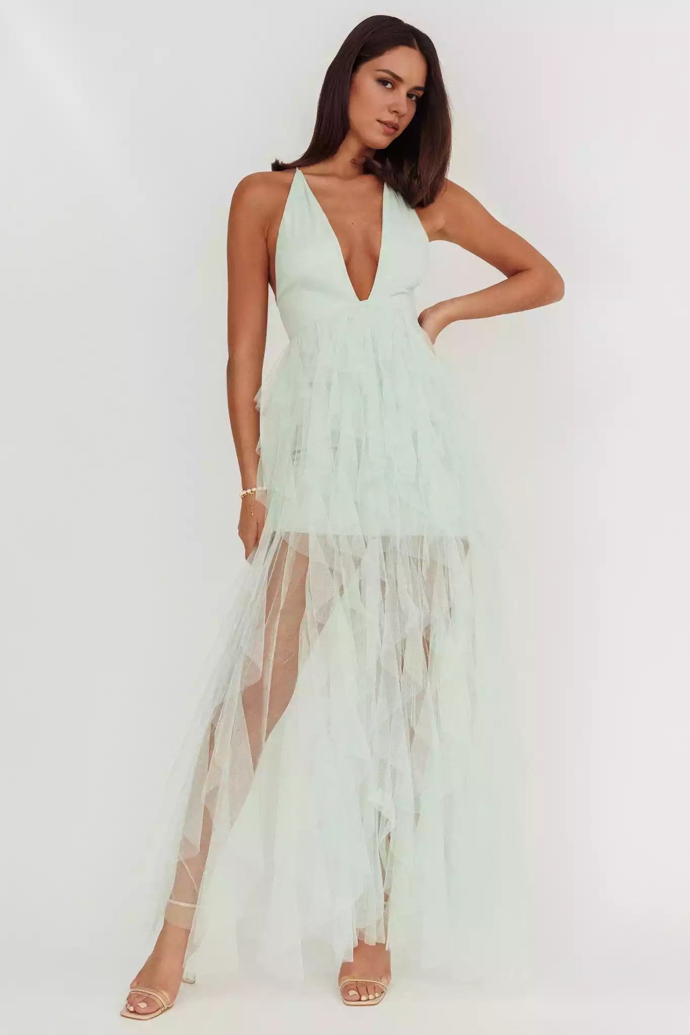 Gorgeous lining with layered ruffle edges, backless lace up, back with zipper Prom Dresses