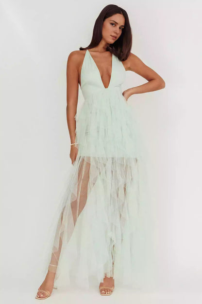 Gorgeous lining with layered ruffle edges, backless lace up, back with zipper Prom Dresses