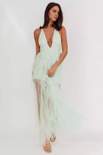 Gorgeous lining with layered ruffle edges, backless lace up, back with zipper Prom Dresses