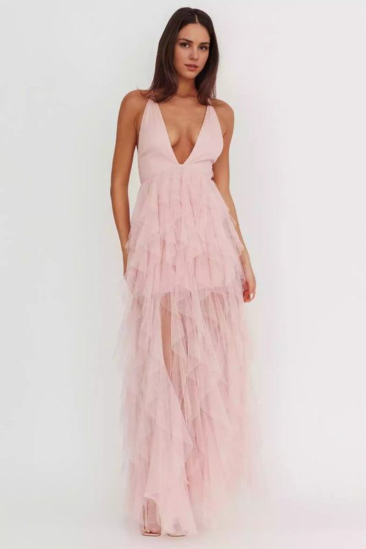 Gorgeous low cut layered ruffle lined backless lace up back with zipper Prom Dresses