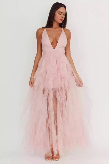 Gorgeous low cut layered ruffle lined backless lace up back with zipper Prom Dresses