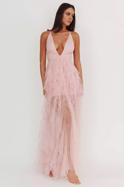 Gorgeous low cut layered ruffle lined backless lace up back with zipper Prom Dresses