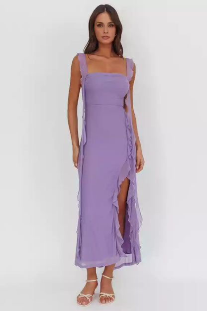Gorgeous mesh, ultra long adjustable ruffle edge shoulder straps with pleated details on the chest and zipper on the back Prom Dresses