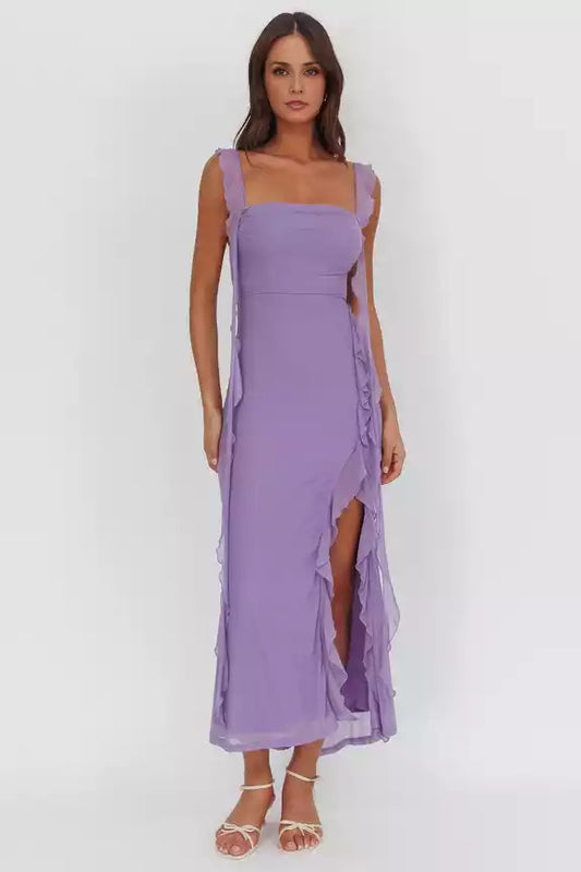 Gorgeous mesh, ultra long adjustable ruffle edge shoulder straps with pleated details on the chest and zipper on the back Prom Dresses