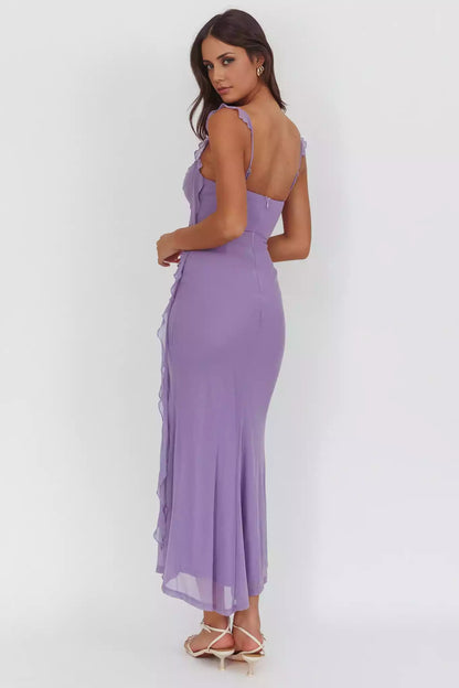 Gorgeous mesh, ultra long adjustable ruffle edge shoulder straps with pleated details on the chest and zipper on the back Prom Dresses