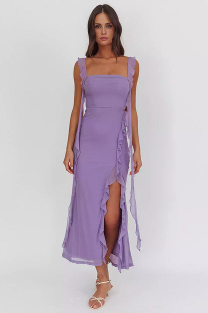 Gorgeous mesh, ultra long adjustable ruffle edge shoulder straps with pleated details on the chest and zipper on the back Prom Dresses