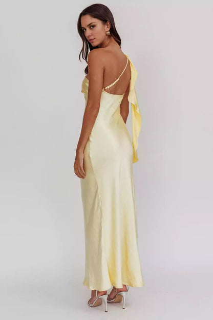 Gorgeous satin extra long single shoulder strap with ruffled edges, unlined, invisible side zipper Prom Dresses