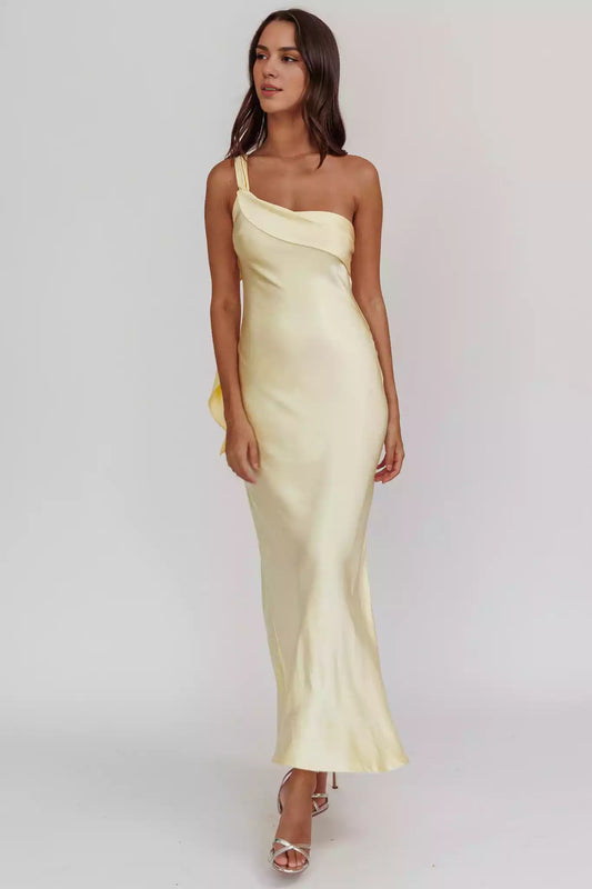 Gorgeous satin extra long single shoulder strap with ruffled edges, unlined, invisible side zipper Prom Dresses
