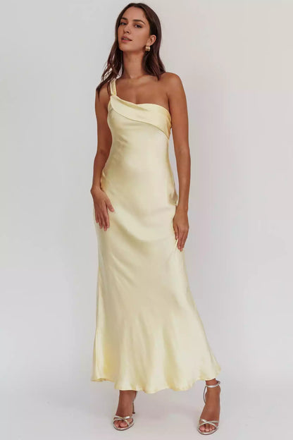 Gorgeous satin extra long single shoulder strap with ruffled edges, unlined, invisible side zipper Prom Dresses