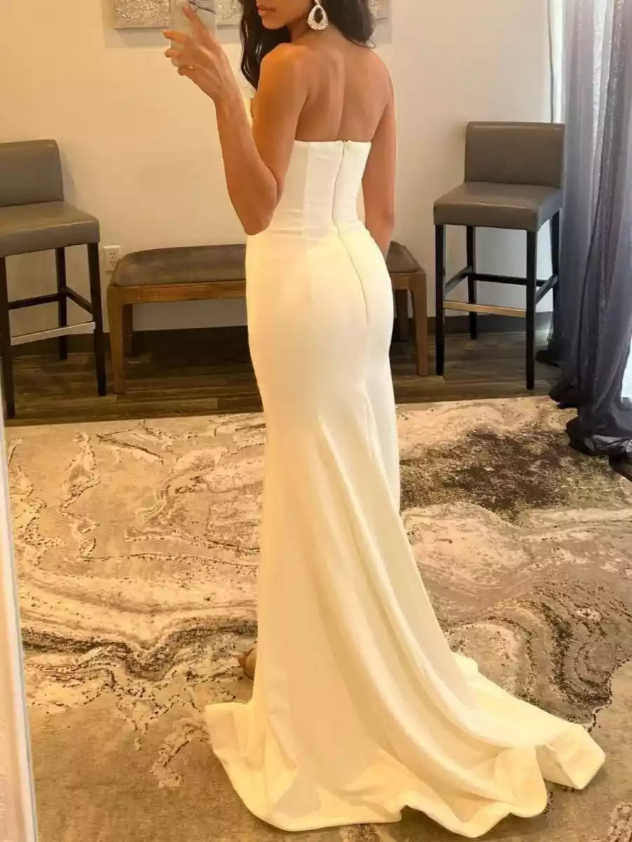 Gorgeous satin mermaid V-neck sleeveless slit, beaded zipper back Prom Dresses