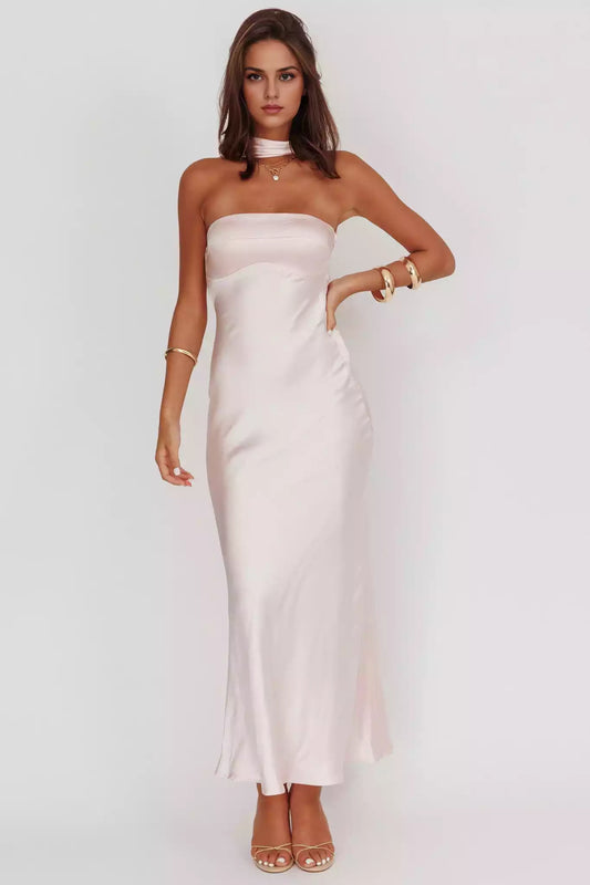 Gorgeous satin ultra long strapless, unlined, invisible side zipper Prom Dresses