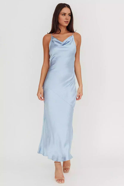 Gorgeous satin ultra long unlined scarf collar, side zipper, hollowed out mesh back Prom Dresses