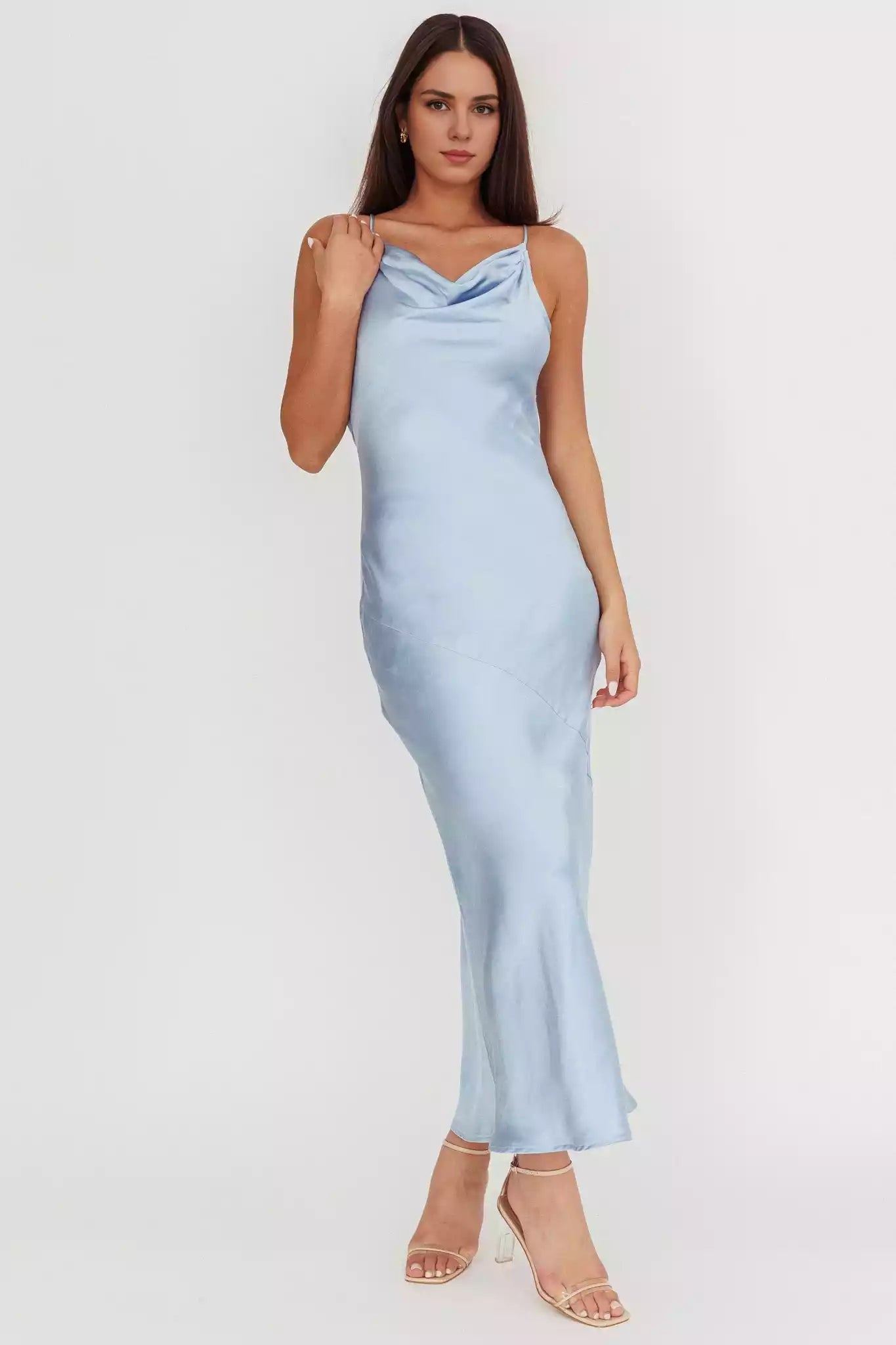 Gorgeous satin ultra long unlined scarf collar, side zipper, hollowed out mesh back Prom Dresses