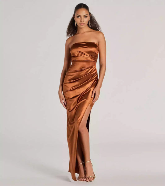 Gorgeous silky satin strapless collar with side pleats sewn high front slit for slim fit and floor Prom Dresses
