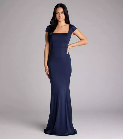 Gorgeous smooth elastic knitted square neckline backless lace up hem zipper mermaid and floor Prom Dresses
