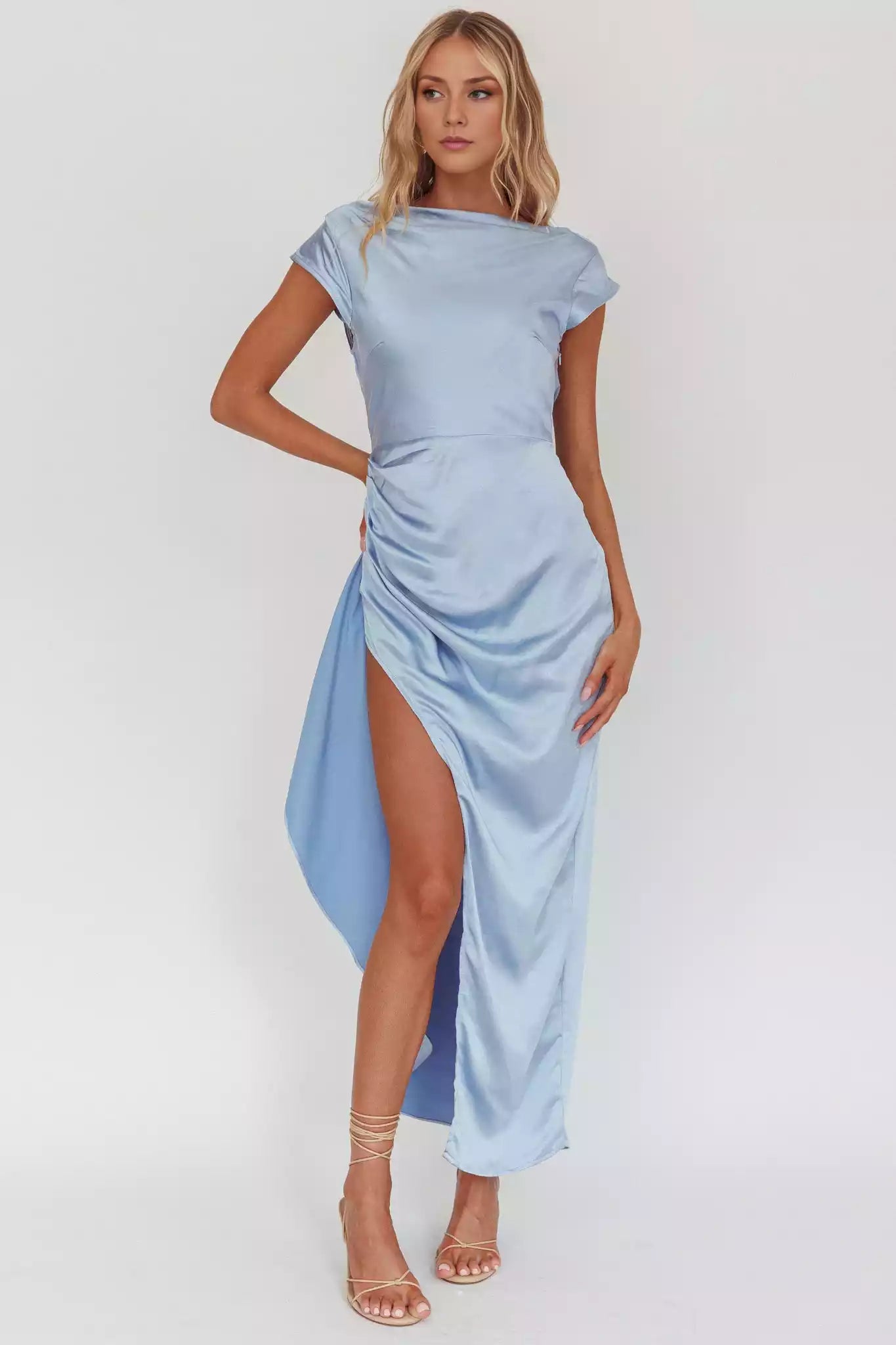 Gorgeous unlined side zipper with side split and necktie scarf Prom Dresses