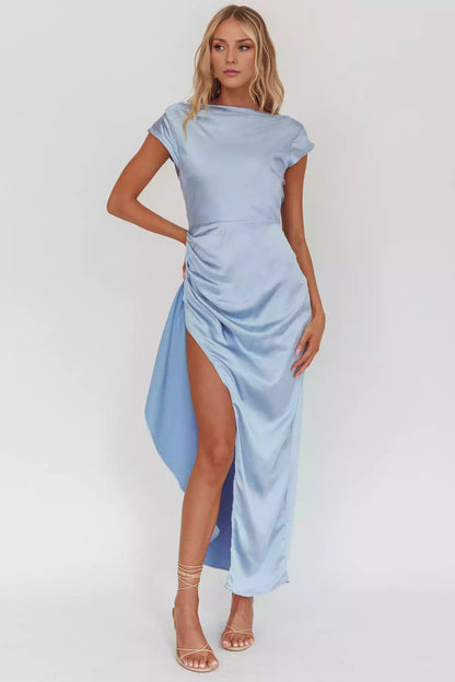 Gorgeous unlined side zipper with side split and necktie scarf Prom Dresses