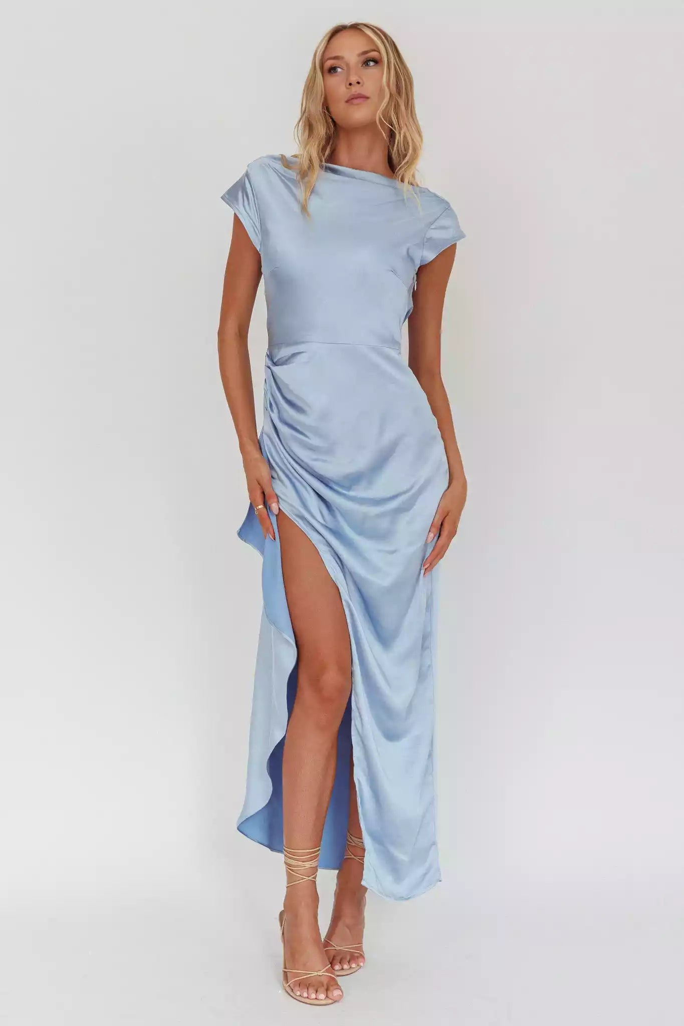 Gorgeous unlined side zipper with side split and necktie scarf Prom Dresses