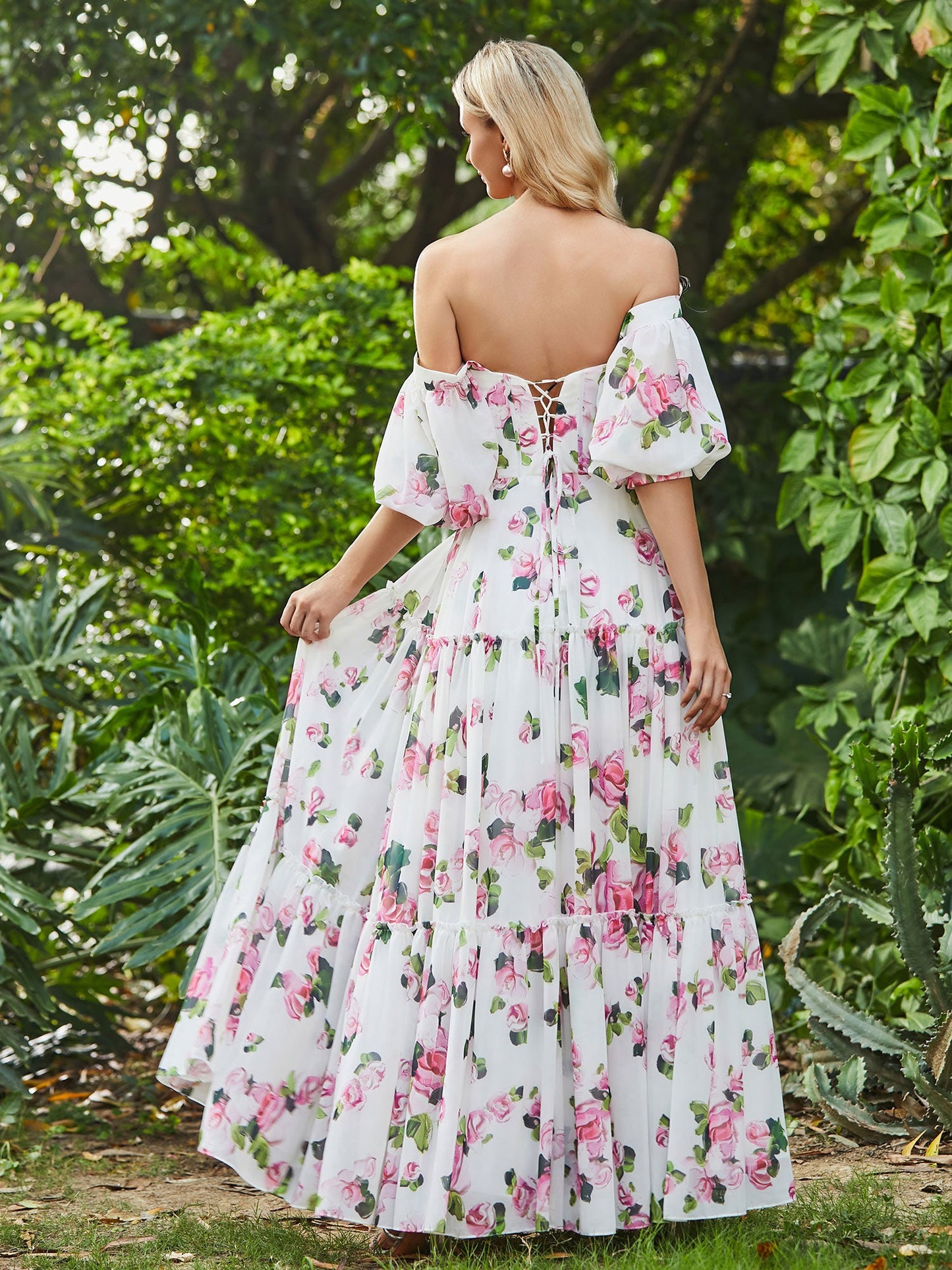 Floral Print Half Sleeve A-line Chiffon Dress Floral