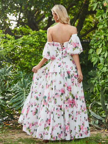 Floral Print Half Sleeve A-line Chiffon Dress Floral