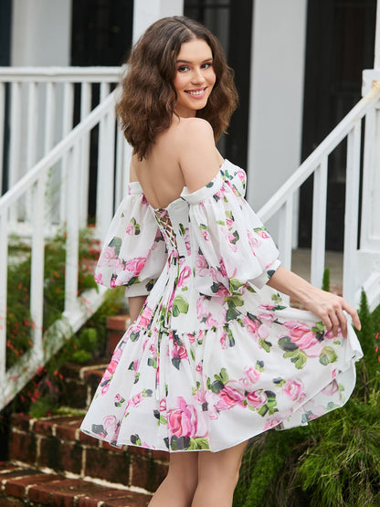 Floral Off-the-shoulder A-line Mini Cocktail Dress Floral