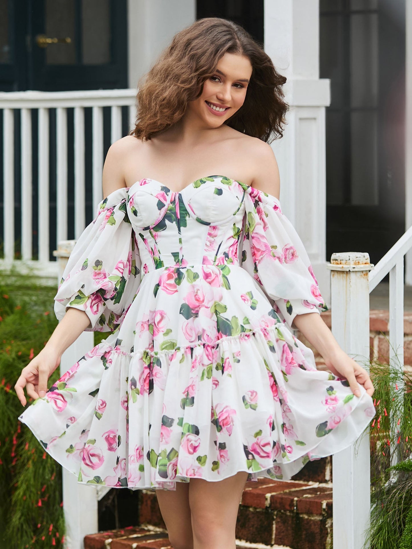 Floral Off-the-shoulder A-line Mini Cocktail Dress Floral