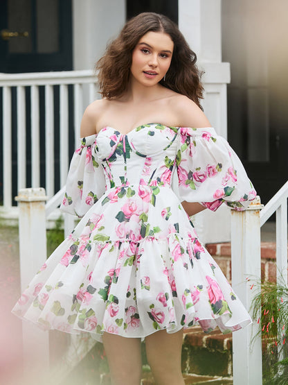 Floral Off-the-shoulder A-line Mini Cocktail Dress Floral