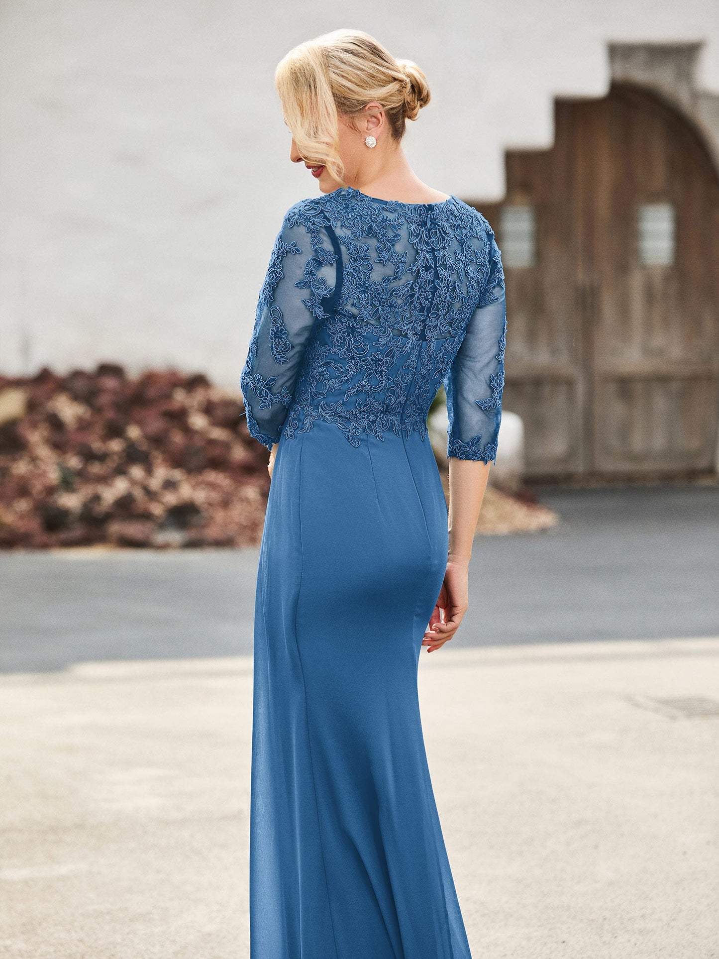 V-Neck Lace Top Half Sleeves Chiffon Dress Ink Blue