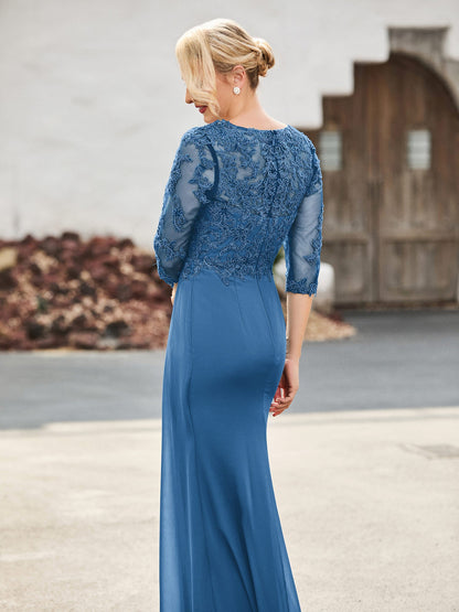 V-Neck Lace Top Half Sleeves Chiffon Dress Ink Blue