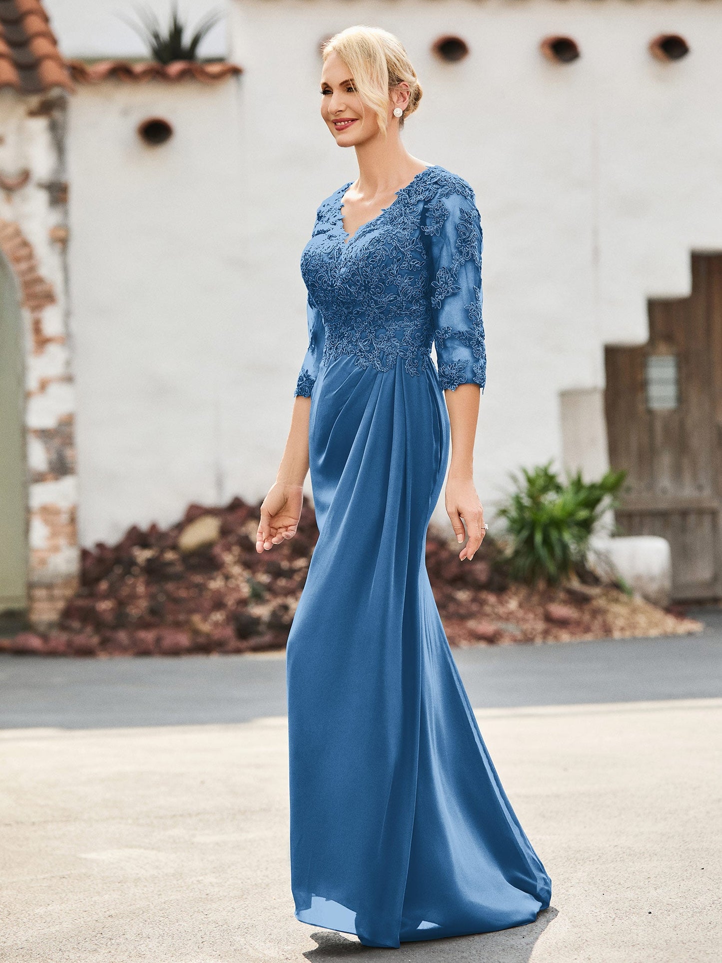 V-Neck Lace Top Half Sleeves Chiffon Dress Ink Blue