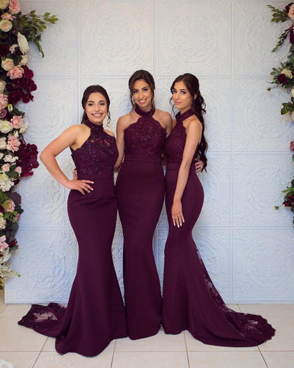 Halter Mermaid Bridesmaid Dresses Lace Train