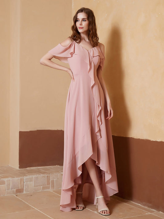 V-neck Off Shoulder Ruffles Asymmetrical Dress Dusty Rose