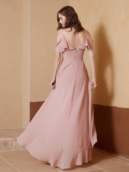 V-neck Off Shoulder Ruffles Asymmetrical Dress Dusty Rose