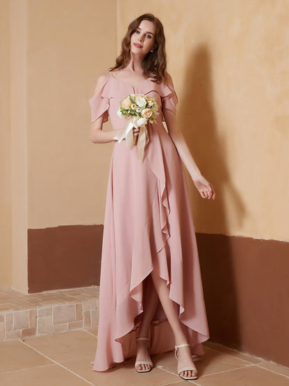 V-neck Off Shoulder Ruffles Asymmetrical Dress Dusty Rose