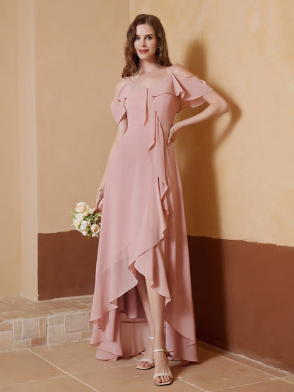 V-neck Off Shoulder Ruffles Asymmetrical Dress Dusty Rose