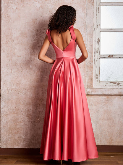 V-neck Floor-length Shoulder Bow Satin Dresses with Pockets Watermelon