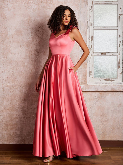 V-neck Floor-length Shoulder Bow Satin Dresses with Pockets Watermelon