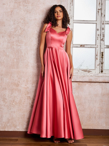 V-neck Floor-length Shoulder Bow Satin Dresses with Pockets Watermelon