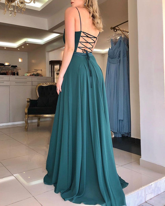 Plunge Neck Open Back Chiffon Split Dresses