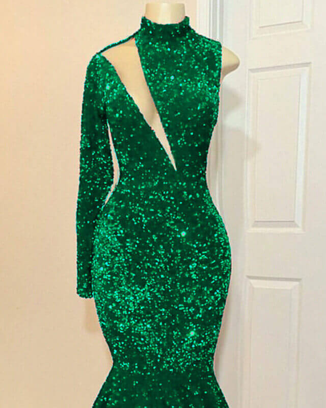 Mermaid Green Sequin Prom Dress One Shoulder High Neck