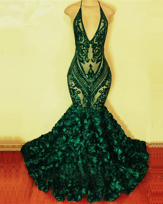 Green Sequinned Lace Rosette Mermaid Dresses