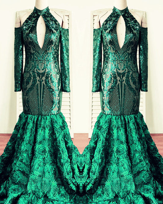 Green Rosette Sequin Mermaid Prom Dresses Cold Shoulder