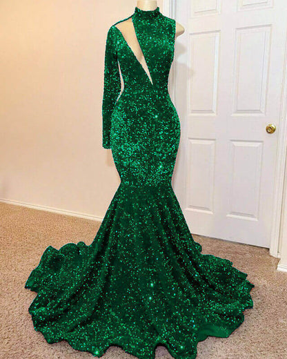 Mermaid Green Sequin Prom Dress One Shoulder High Neck