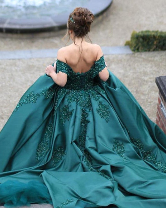 Green Wedding Dresses Ball Gowns Lace Beaded Off Shoulder